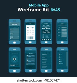 Mobile wireframe App UI Kit 45. Agenda planner screen, boarding pass screen, account manager screen, schedule screen, searching for players screen, search result screen, user search screen, sidebar 