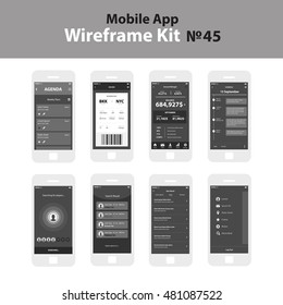 Mobile wireframe App UI Kit 45. Agenda planner screen, boarding pass screen, account manager screen, schedule screen, searching for players screen, search result screen, user search screen, sidebar 