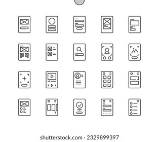 Mobile wireframe. Dashboard. Profile view. Search screen. Prototypes for mobile applications. Pixel Perfect Vector Thin Line Icons. Simple Minimal Pictogram