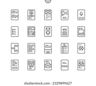 Marco móvil. Pantalla principal. Breadcrumb. Giro de galería. Prototipos para aplicaciones móviles. Iconos De Línea Delgada De Vector Perfecto De Pixel. Pictograma mínimo simple