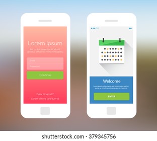 Mobile wireframe ui kit. Login welcome screen and calendar business plan screen.