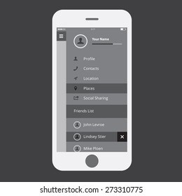 Mobile wireframe ui kit. Sidebar menu screen