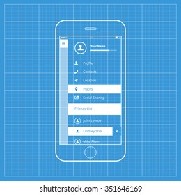 Mobile wireframe ui kit. Sidebar menu screen