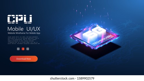 Mobile wireless Internet is a new generation. Isometric futuristic microchip with 5g hologram. Microchip processor with lights effects. cybernetic system, futuristic computing technology. Vector CPU