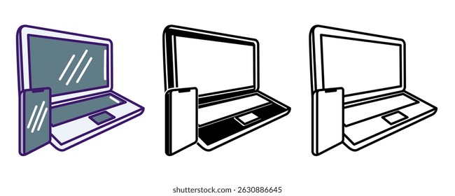 Mobile Workstation icon represented by laptop, smartphone Line, Filled, Color style.