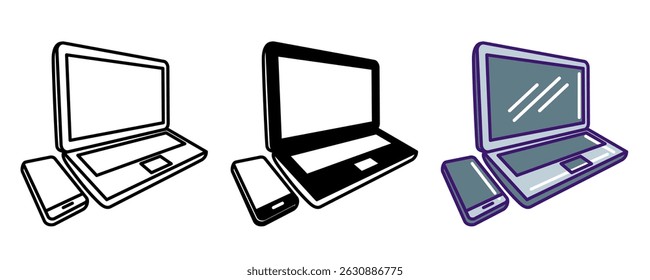Mobile Workstation icon represented by laptop, smartphone Line, Filled, Color style.
