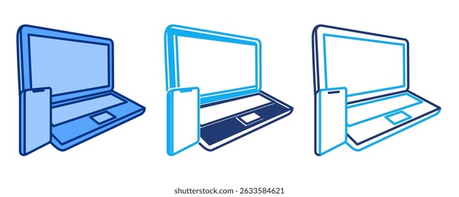 Icono de la estación de trabajo móvil representado por la computadora portátil, teléfono inteligente azul, dualine, estilo Dualtone.