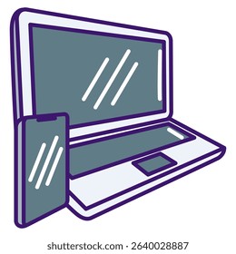 Mobile Workstation icon represented by laptop, smartphone Lineal Color style.