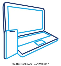 Icono de la estación de trabajo móvil representado por la computadora portátil, teléfono inteligente estilo Dual Line.