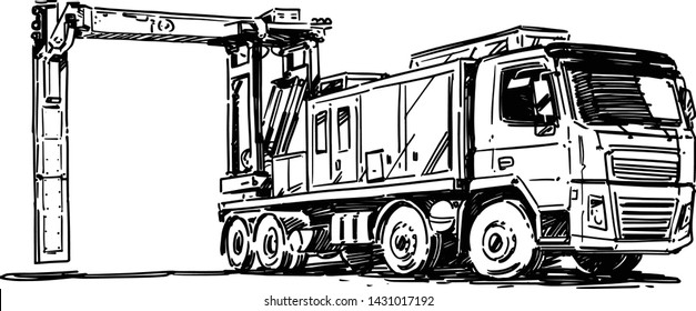 Mobile X-ray Scanner. Border patrol X-ray Truck. Black and white illustration