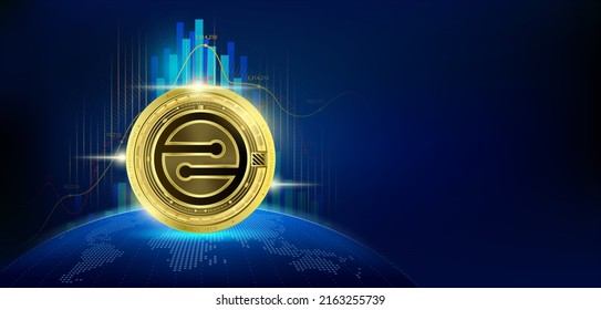 Mobilecoin gold coin. Token cryptocurrency future. Blockchain stock market and crypto currencies. Blank screen empty space for advertise text. Banner for news on world map. Vector EPS10.