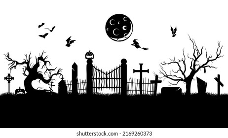 MobileCreepy cemetery silhouette. Black Halloween horror landscape. Spooky graveyard panorama. Black silhouettes of tombstones, crosses and gravestones. Vector nightmare illustration