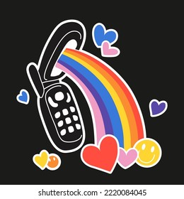 MobileCute retro flip phone sticker with a rainbow in a retrowave aesthetic. Girly Sticker