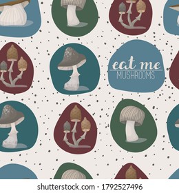 MobileEndless seamless pattern with varied graphic forest mushrooms in flat cartoon style.