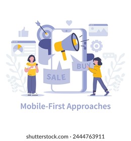 Mobile-first approaches concept. Prioritizing responsive design for optimal shopping experiences on smartphones. Targeted sales strategies for the digital age. Vector illustration.