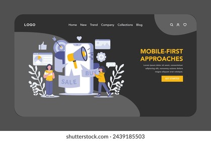 Mobile-first approaches night or dark mode web or landing page. Prioritizing responsive design for optimal shopping experiences on smartphones. Targeted sales strategies for the digital age.