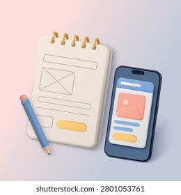 Mobile-first desk 3d concept with smartphone screen, notebook wireframe, pencil showing app interface layout, creative workflow, responsive design process on gradient background vector illustration