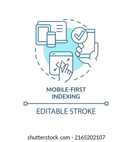 Mobile-first indexing turquoise concept icon. Search engine optimization abstract idea thin line illustration. Isolated outline drawing. Editable stroke. Arial, Myriad Pro-Bold fonts used