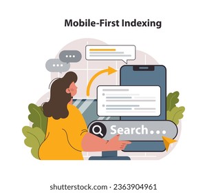 Mobile-first indexing. Website smartphone version development. Search engine optimization primarily with phone screen version. Flat vector illustration