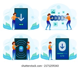 Mobilephone devices, computer and network connections upload and download file and document. cartoon character vector Illustration