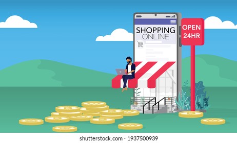 Mobilephone with front of shopping online store come out from the phone's screen. Shoping online e-commerce concept