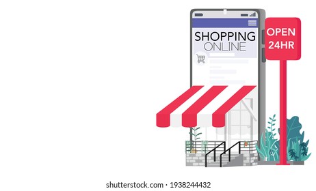 Mobilephone with front of shopping online store come out from the phone's screen. Shoping online e-commerce concept