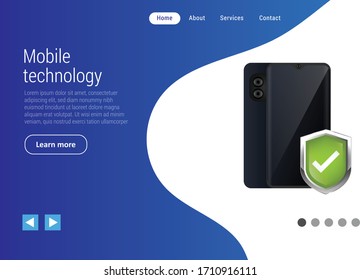 mobilephone and protected guard shield banner concept.Web design landing page.Conceptual vector illustration in flat style design.Isolated on background.