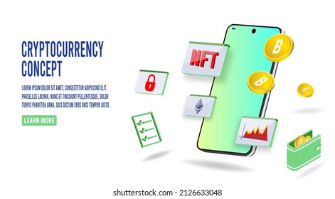 Mobilephone with screen of trading graph and gold coin in E-wallet mobile application. Mobilephone in trading buy and sell cryptocurrency concept with financial graph background 