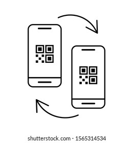 Mobiles connecting with QR code. Stroke outline style. Vector Isolated on white background