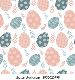 MobileSeamless vector pattern with Easter eggs in pastel colors, twigs and flowers. Holiday Eggs Decorated with Patterns