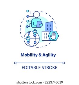 Mobility and agility in business concept icon. IoT technology. Remote work abstract idea thin line illustration. Isolated outline drawing. Editable stroke. Arial, Myriad Pro-Bold fonts used