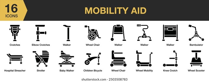 Mobility Aid Glyph icon set. Includes baby walker, bambulator, crutches, and More. Solid icons vector collection.