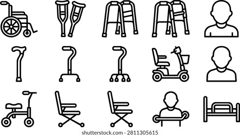 Mobility aid icons for accessibility and elderly rehabilitation