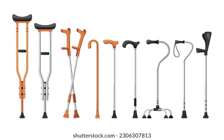 Mobility Aids For Assistance. Set Of Crutches And Walking Canes, Providing Support And Stability, Helping Individuals