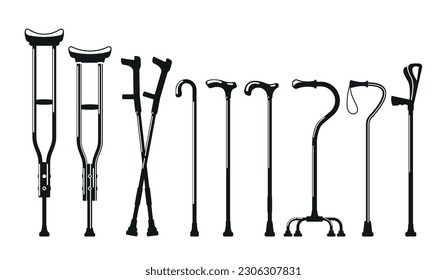 Mobility Aids Crutches And Walking Canes Black and White Icons. Tools or Aids Provide Assistance And Stability