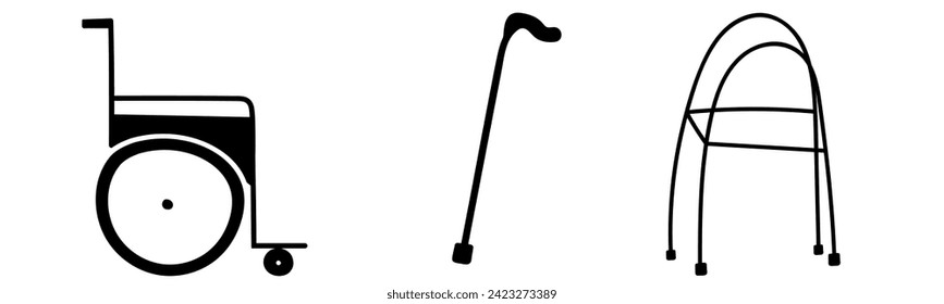 Mobility aids for the elderly. Hand drawn isolated icons. Illustrations on white background. 
