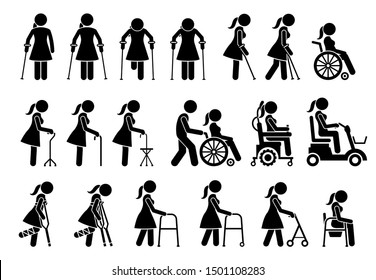Mobility aids medical tools and equipment stick figure pictogram icons. Artwork signs symbols depicts woman walking with crutches, wheelchair, cane, electric wheelchair, power scooter, and walker. 