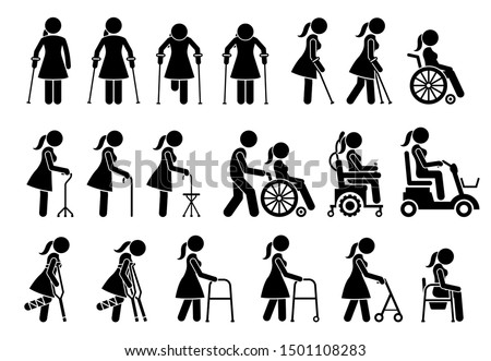 Mobility aids medical tools and equipment stick figure pictogram icons. Artwork signs symbols depicts woman walking with crutches, wheelchair, cane, electric wheelchair, power scooter, and walker. 