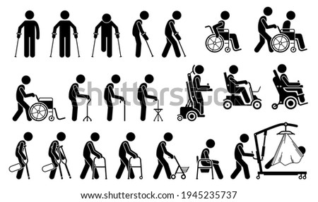 Mobility aids medical tools and equipment stick figure pictogram icons. Artwork signs symbols depicts man walking with crutches, wheelchair, cane, electric wheelchair, power scooter, and walker.