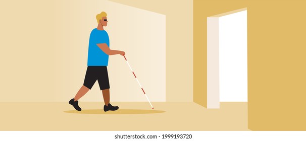 Mobility of a blind disabled person, doorway. Flat vector stock illustration. Indoor for an inclusive person. Visually impaired with glasses in an inclusive space. The door for the blind.