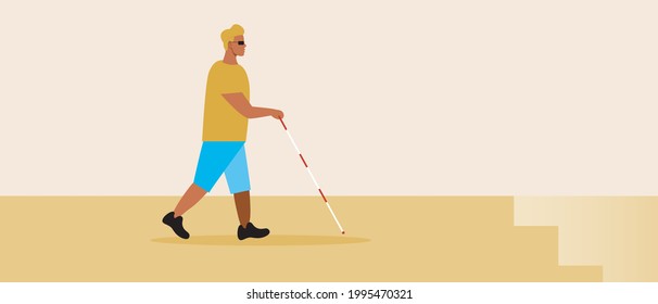 Mobilität eines blinden Menschen, Treppe. Flache Vektorgrafik. Innen für eine inklusive Person. Abstieg die Treppe hinunter. Sehbehindert mit Brille. Inklusiver Raum