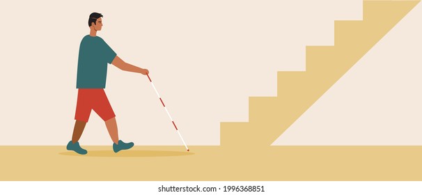 Mobility of a blind disabled person, stairs. Flat vector stock illustration. Indoor for an inclusive person with a cane. The mobility of the lover on the stairs. Inclusive space. Vector graphics