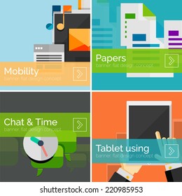 Mobility concept flat design banners - smartphone or tablet, papers, chat communication time