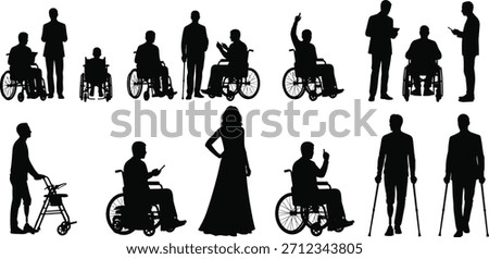 Mobility diversity silhouette vector, people with disabilities, wheelchair, walker, crutches, inclusive illustration, black figures, accessibility, support, lifestyle, social interaction, care