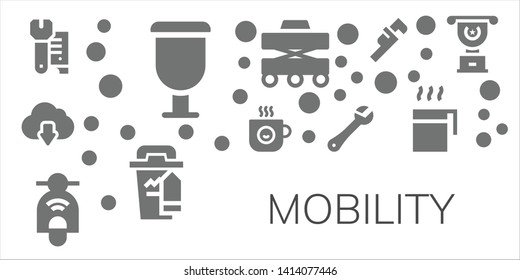 mobility icon set. 11 filled mobility icons.  Simple modern icons about  - Wrench, Cup, Cloud download, Coffee cup, Scooter, Walker
