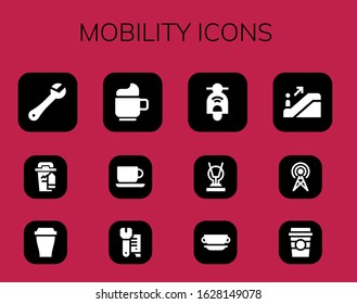 mobility icon set. 12 filled mobility icons. Included Wrench, Coffee cup, Cup, Scooter, Antenna, Escalator icons