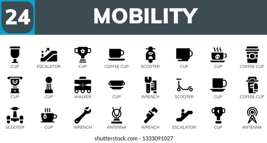 mobility icon set. 24 filled mobility icons.  Collection Of - Cup, Escalator, Coffee cup, Scooter, Walker, Wrench, Antenna