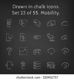 Mobility icon set hand drawn in chalk on a blackboard vector white icons on a black background.