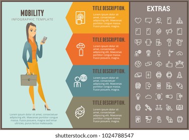 Mobility infographic option template, elements and icons. Infograph includes line icon set with mobile technology, smartphone app, cloud computing, fingerprint scanner, navigation satellite system etc