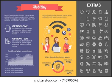Mobility infographic template, elements and icons. Infograph includes customizable graphs, charts, line icon set with mobile technology, smartphone application, cloud computing, network connection etc